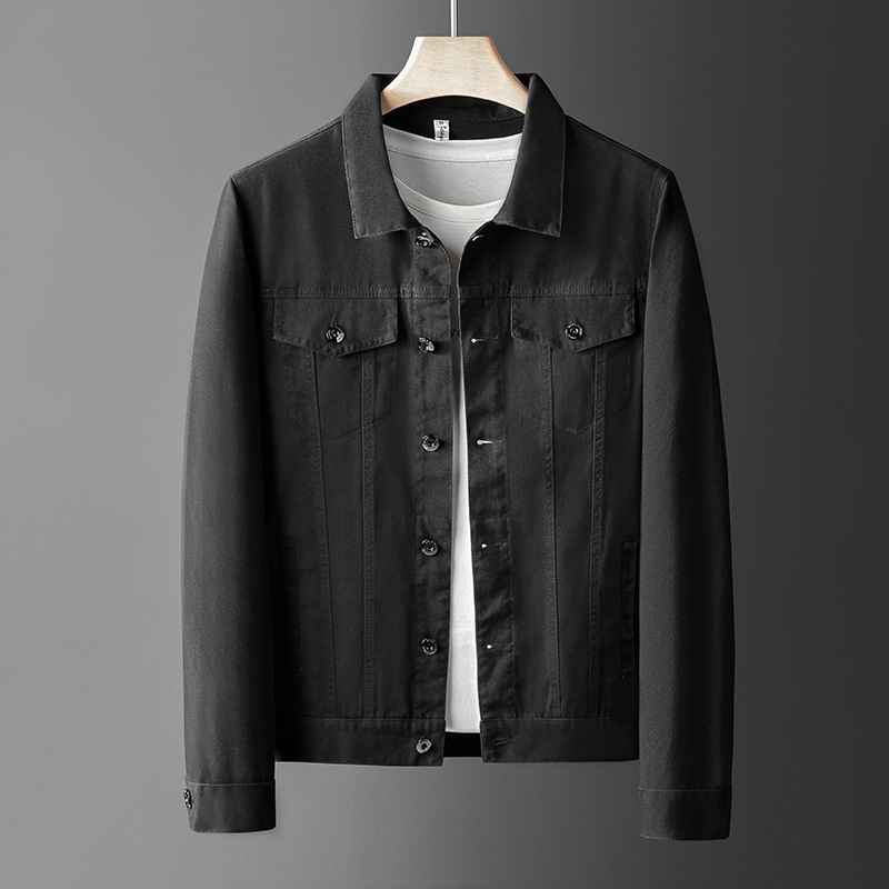 Fehér férfi denim dzseki vékony gallérrel, lezser stílus, slim-fit, tavasz–ősz, négy évszak