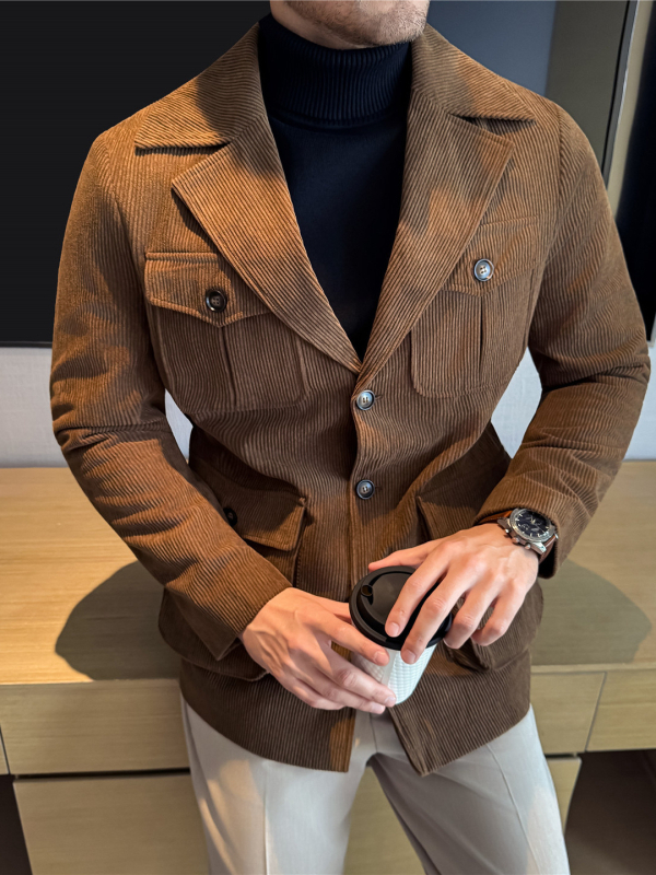 Férfi corduroy kabát, őszi-téli meleg, több zsebbel, vintage stílus, gallér, karcsúsított szabás, középhosszú
