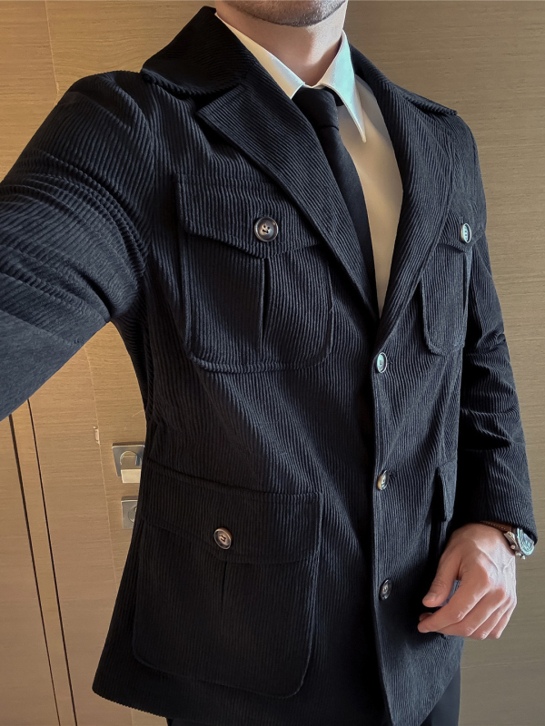 Férfi corduroy kabát, őszi-téli meleg, több zsebbel, vintage stílus, gallér, karcsúsított szabás, középhosszú