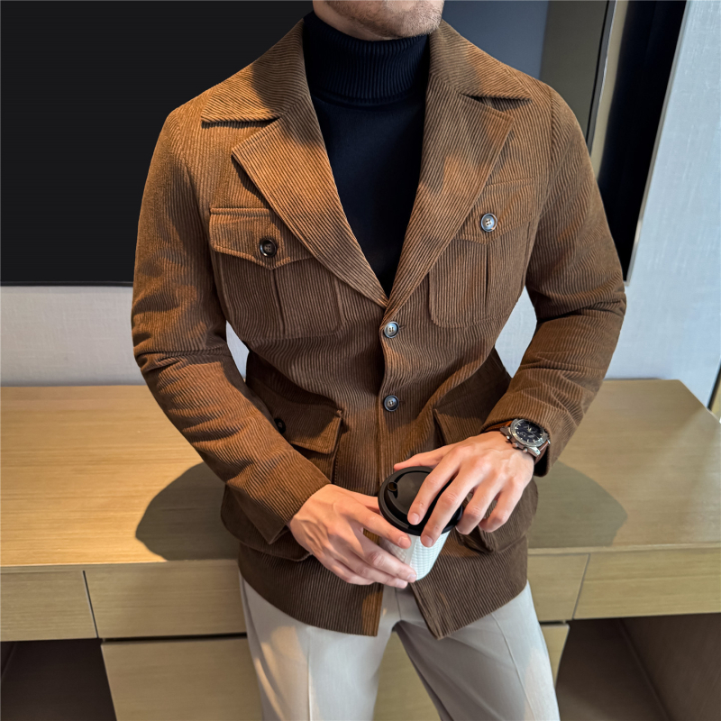 Férfi corduroy kabát, őszi-téli meleg, több zsebbel, vintage stílus, gallér, karcsúsított szabás, középhosszú