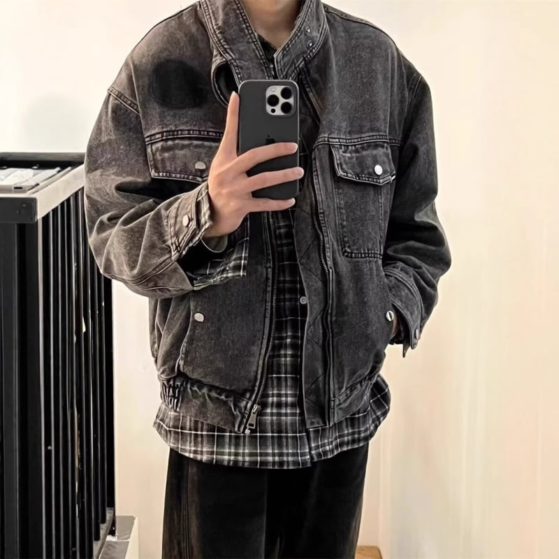 Muška denim jakna, proljeće-jesen 2025, udoban kroj, japanski retro radni stil, stojeći ovratnik, zip zatvarač, dugi rukavi, jednobojna