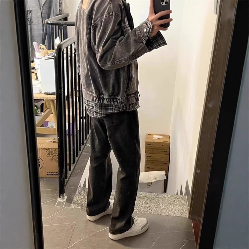 Muška denim jakna, proljeće-jesen 2025, udoban kroj, japanski retro radni stil, stojeći ovratnik, zip zatvarač, dugi rukavi, jednobojna