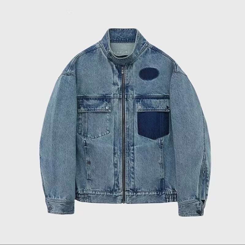 Muška denim jakna, proljeće-jesen 2025, udoban kroj, japanski retro radni stil, stojeći ovratnik, zip zatvarač, dugi rukavi, jednobojna