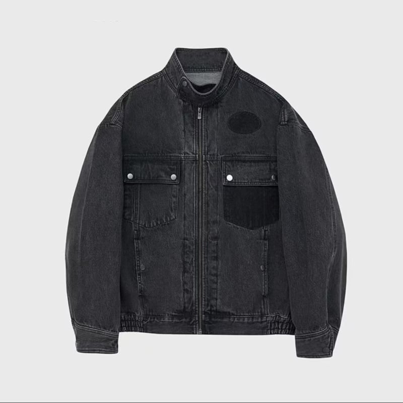 Muška denim jakna, proljeće-jesen 2025, udoban kroj, japanski retro radni stil, stojeći ovratnik, zip zatvarač, dugi rukavi, jednobojna