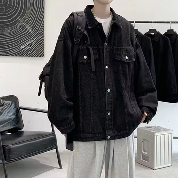 Férfi vintage mosott denim dzseki, gradiens dizájnnal, laza szabás, koreai stílus