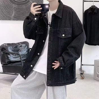 Férfi vintage mosott denim dzseki, gradiens dizájnnal, laza szabás, koreai stílus