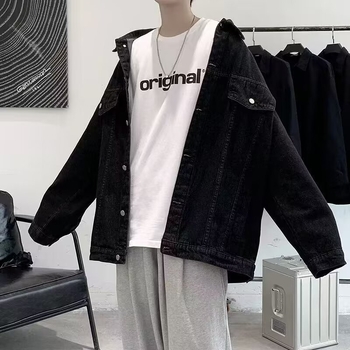 Férfi vintage mosott denim dzseki, gradiens dizájnnal, laza szabás, koreai stílus