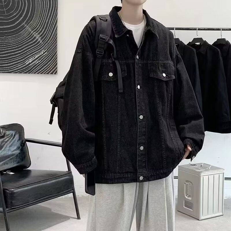 Férfi vintage mosott denim dzseki, gradiens dizájnnal, laza szabás, koreai stílus