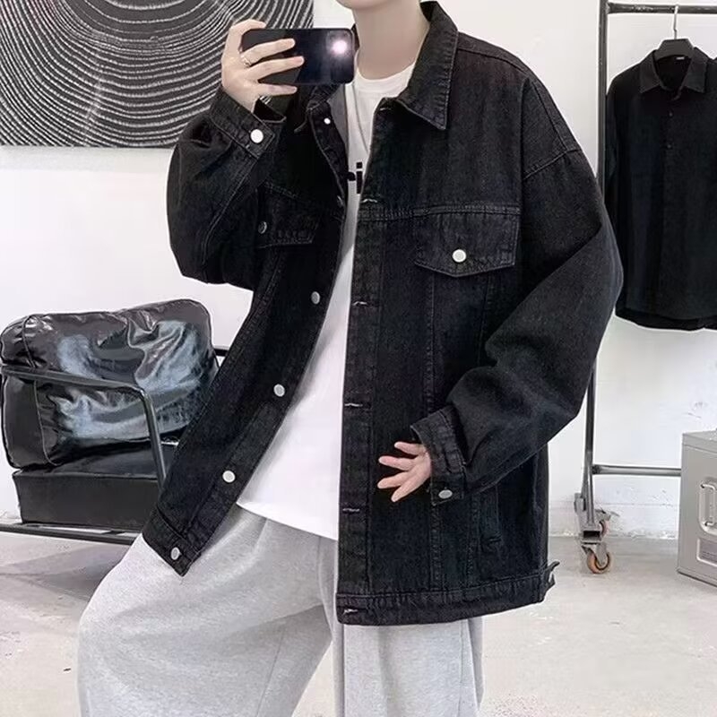 Férfi vintage mosott denim dzseki, gradiens dizájnnal, laza szabás, koreai stílus