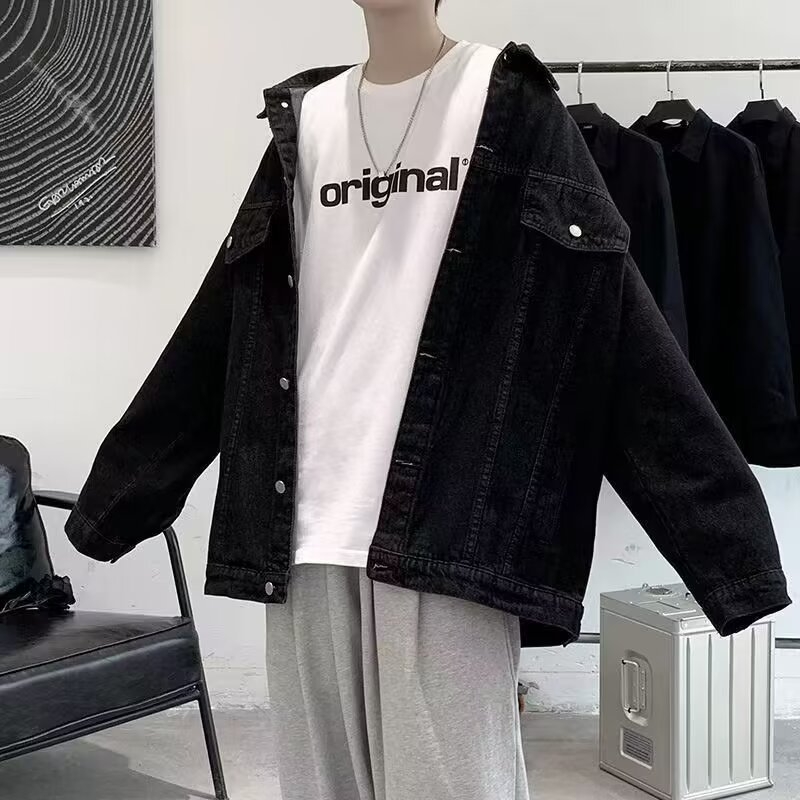 Férfi vintage mosott denim dzseki, gradiens dizájnnal, laza szabás, koreai stílus