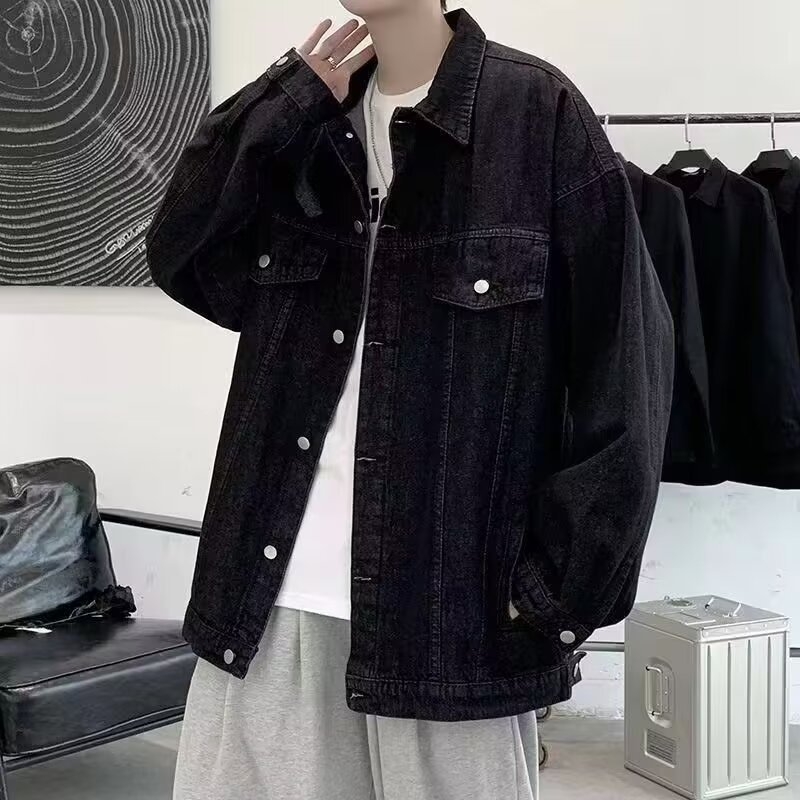 Férfi vintage mosott denim dzseki, gradiens dizájnnal, laza szabás, koreai stílus