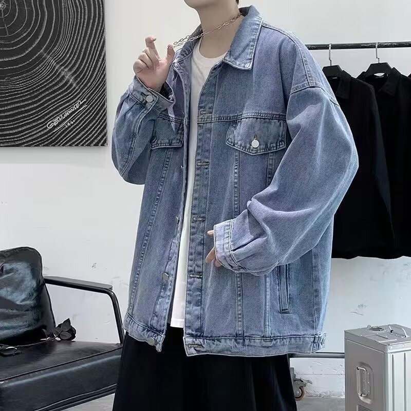 Férfi vintage mosott denim dzseki, gradiens dizájnnal, laza szabás, koreai stílus
