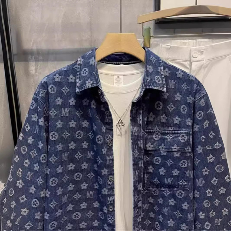 Férfi denim dzseki reverrel, koreai stílus, lazán szabott, hosszú ujjak