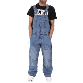 Férfiaknak retro denim overál pántokkal, széttépett részletekkel