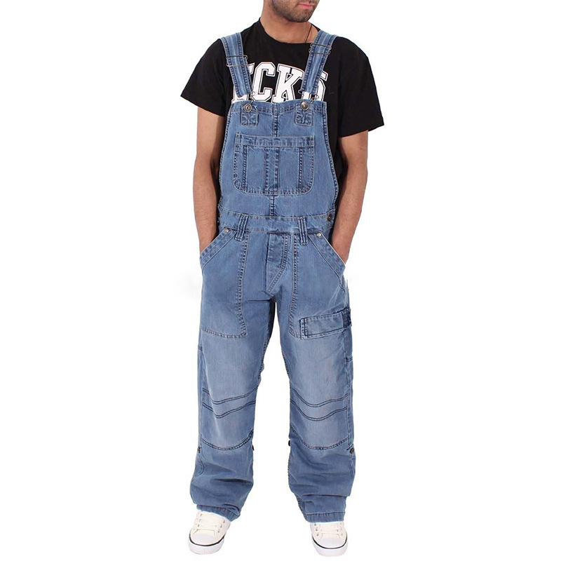 Férfiaknak retro denim overál pántokkal, széttépett részletekkel