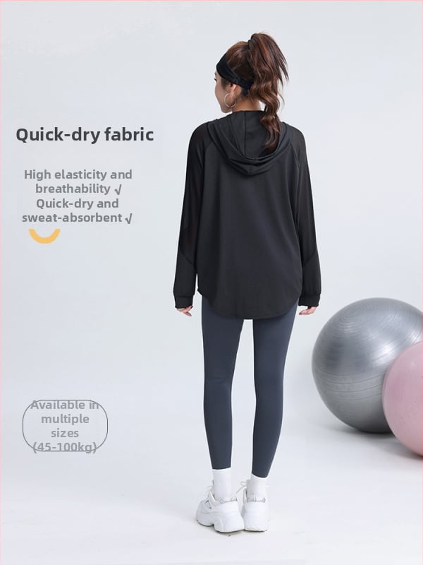 Dámska joga bunda vo veľkosti plus, voľný strih, dlhé rukávy, kapucňa, športová bunda na jeseň a jar
