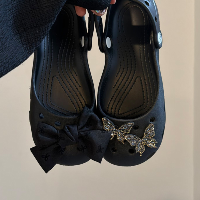 Ukras za Crocs stil papuče s mašnicom, DIY cvjetni dodatak za cipele, crna