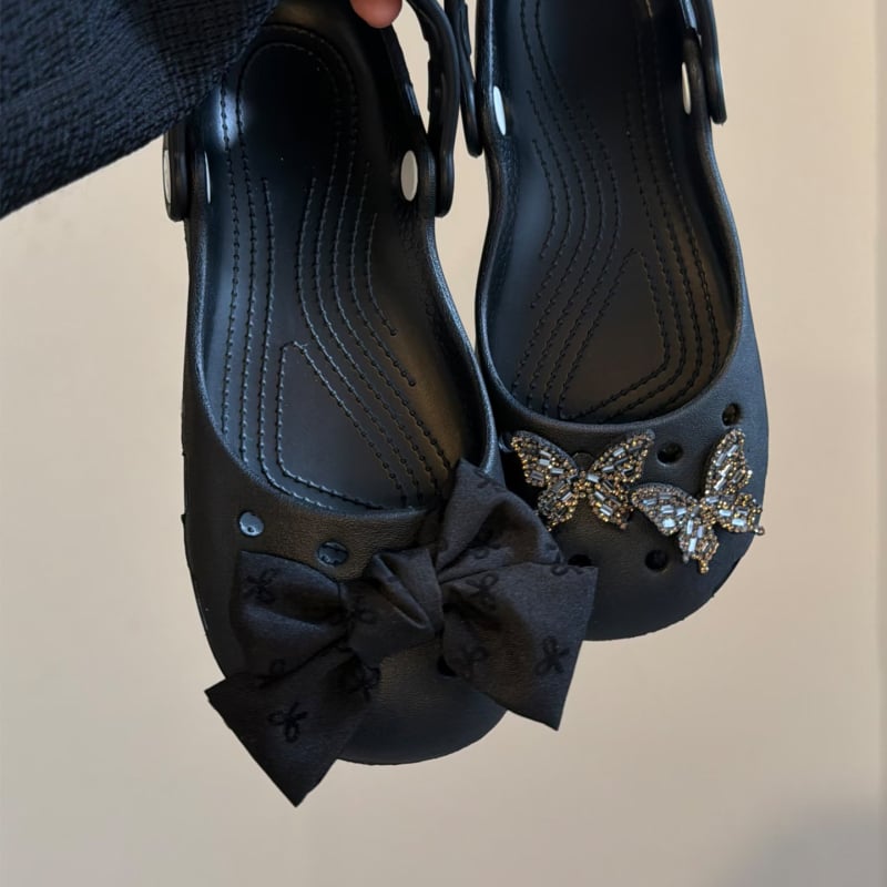 Ukras za Crocs stil papuče s mašnicom, DIY cvjetni dodatak za cipele, crna