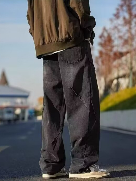 Férfiaknak készült farmernadrág, amerikai retro stílus, ősz, laza szabású, széles szárú, egyenes szabás, distressed részletekkel