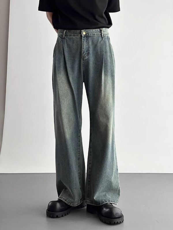 Férfi prémium gyűrt denimnadrág, amerikai retro stílus, mosott, laza szabású, egyenes széles lábú fazon