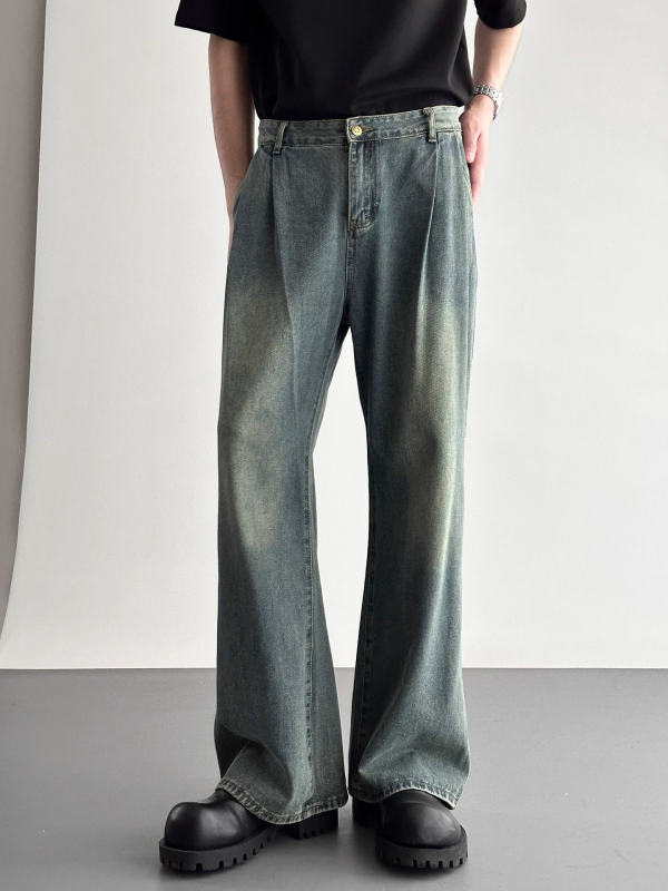 Férfi prémium gyűrt denimnadrág, amerikai retro stílus, mosott, laza szabású, egyenes széles lábú fazon