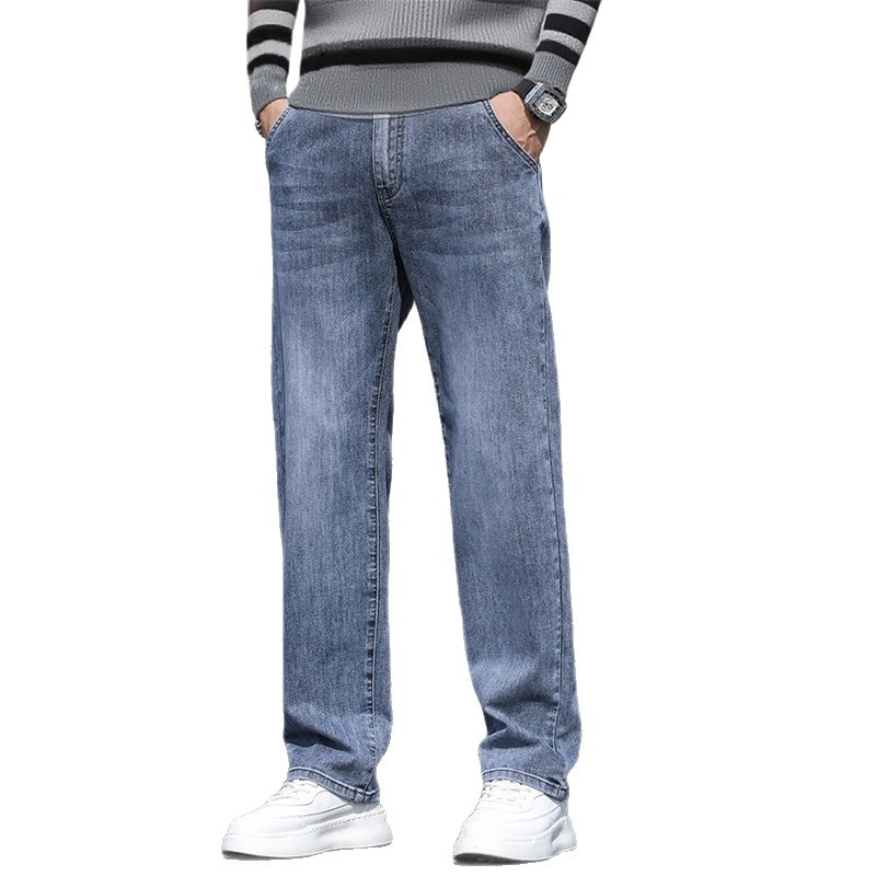 Férfi egyenes szárú farmernadrág, mindennapi stílus, enyhén elasztikus, pamut denim, középmagas derék, zipzár, zsebek, négy évszakos viselet