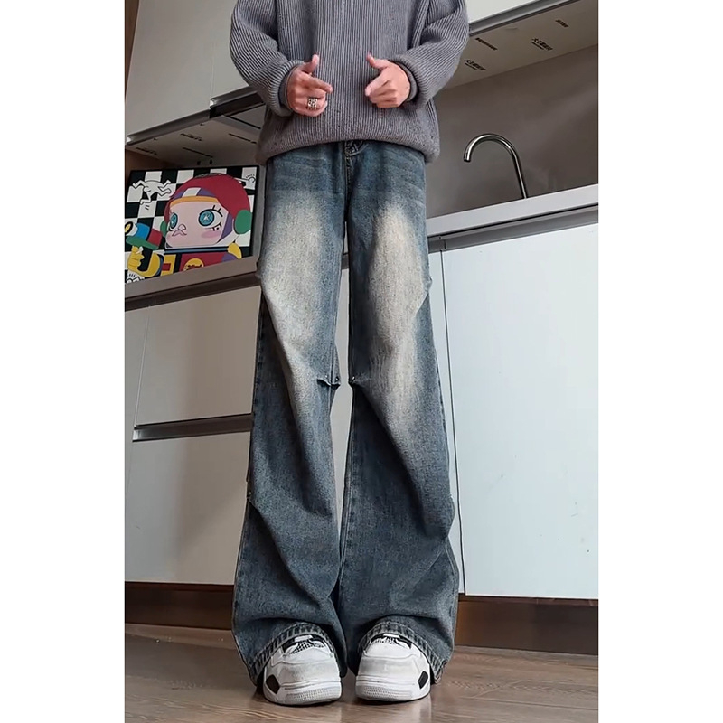 Amerikai retro kék farmernadrág férfiaknak, slim-fit mikroflare, egyenes szabás, tavasz–ősz 2025