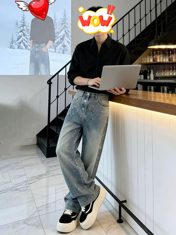 Fekete farmernadrág denim anyagból, amerikai retro stílus, tiszta vonalú, lazán szabott egyenes fazon, mindennapi hosszú nadrág férfiaknak