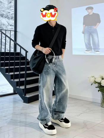 Fekete farmernadrág denim anyagból, amerikai retro stílus, tiszta vonalú, lazán szabott egyenes fazon, mindennapi hosszú nadrág férfiaknak