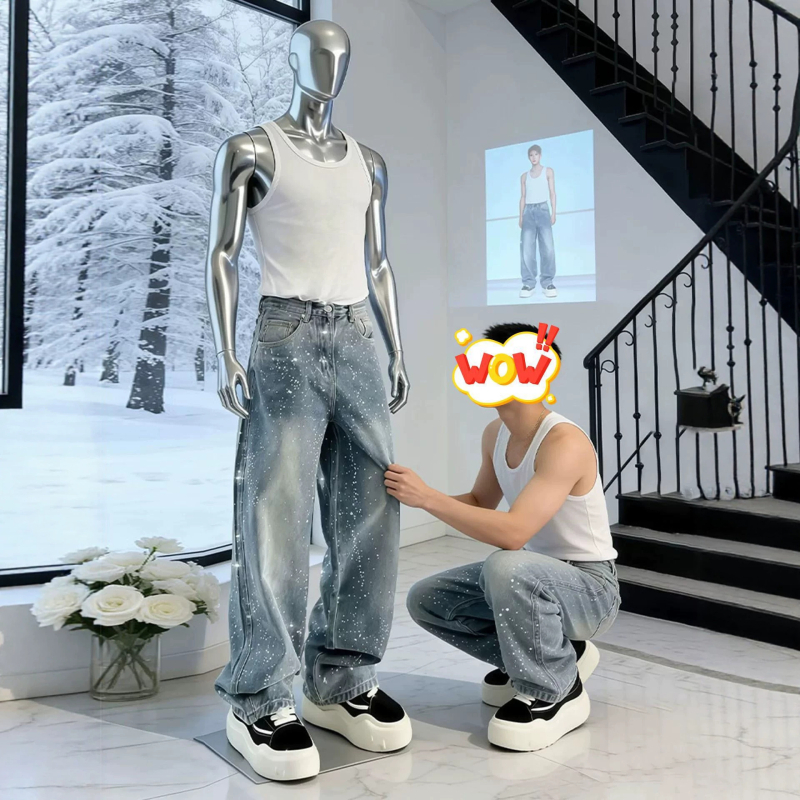 Fekete farmernadrág denim anyagból, amerikai retro stílus, tiszta vonalú, lazán szabott egyenes fazon, mindennapi hosszú nadrág férfiaknak