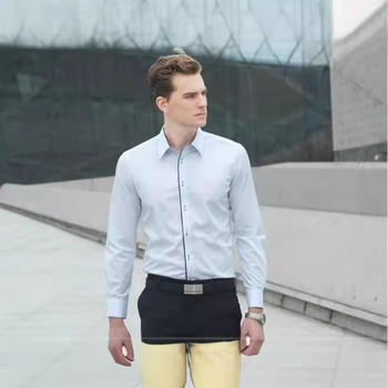 Férfi slim-fit vasalásmentes pamut ing, fehér-kék, hosszú ujjú, hegyes gallér, üzleti-casual