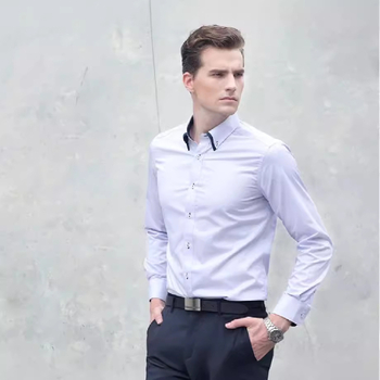 Férfi slim-fit vasalásmentes pamut ing, fehér-kék, hosszú ujjú, hegyes gallér, üzleti-casual