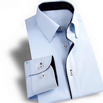 Férfi slim-fit vasalásmentes pamut ing, fehér-kék, hosszú ujjú, hegyes gallér, üzleti-casual