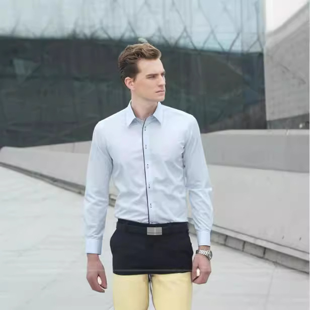 Férfi slim-fit vasalásmentes pamut ing, fehér-kék, hosszú ujjú, hegyes gallér, üzleti-casual