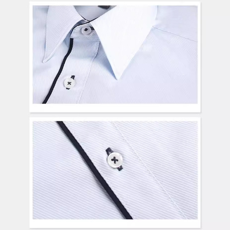 Férfi slim-fit vasalásmentes pamut ing, fehér-kék, hosszú ujjú, hegyes gallér, üzleti-casual