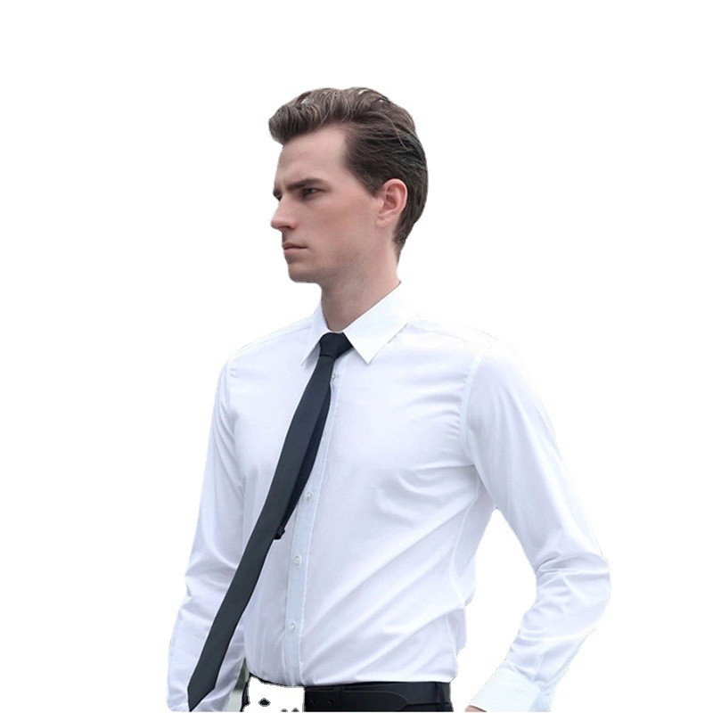 Férfi slim-fit vasalásmentes pamut ing, fehér-kék, hosszú ujjú, hegyes gallér, üzleti-casual