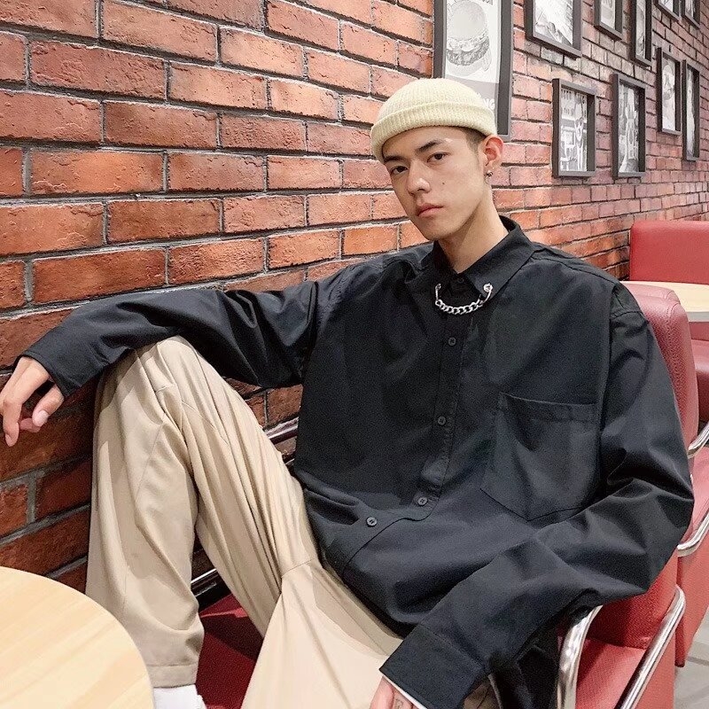 Unisex košulja s dugim rukavima, jednobojna, retro stil inspiriran korejskim dizajnom, slobodan kroj