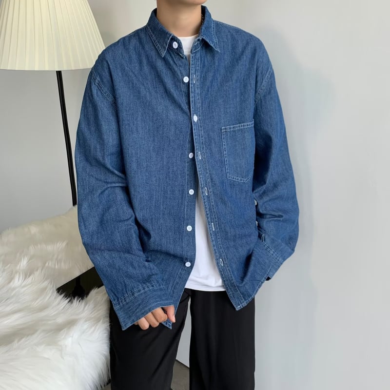 Muška denim košulja u japanskom stilu, s dugim rukavima, ležernog kroja, jednobojna, lagana za jesen