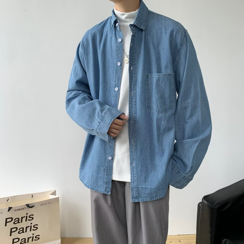 Muška denim košulja u japanskom stilu, s dugim rukavima, ležernog kroja, jednobojna, lagana za jesen
