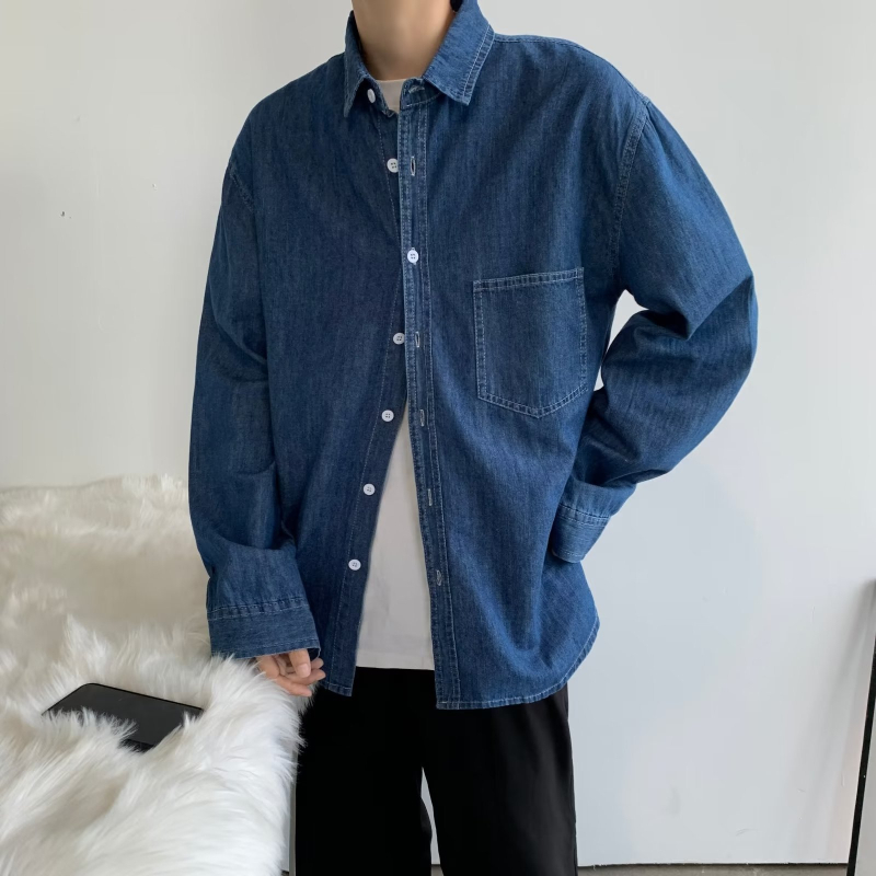 Muška denim košulja u japanskom stilu, s dugim rukavima, ležernog kroja, jednobojna, lagana za jesen