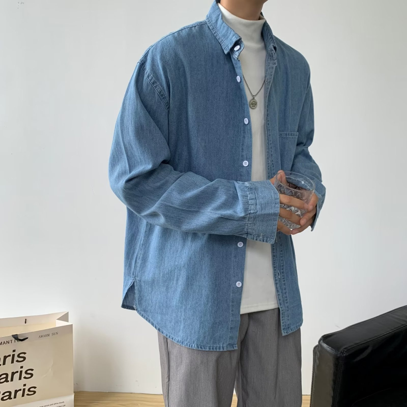 Muška denim košulja u japanskom stilu, s dugim rukavima, ležernog kroja, jednobojna, lagana za jesen