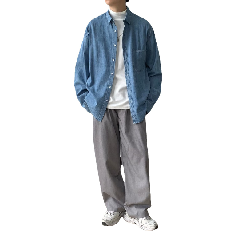 Muška denim košulja u japanskom stilu, s dugim rukavima, ležernog kroja, jednobojna, lagana za jesen