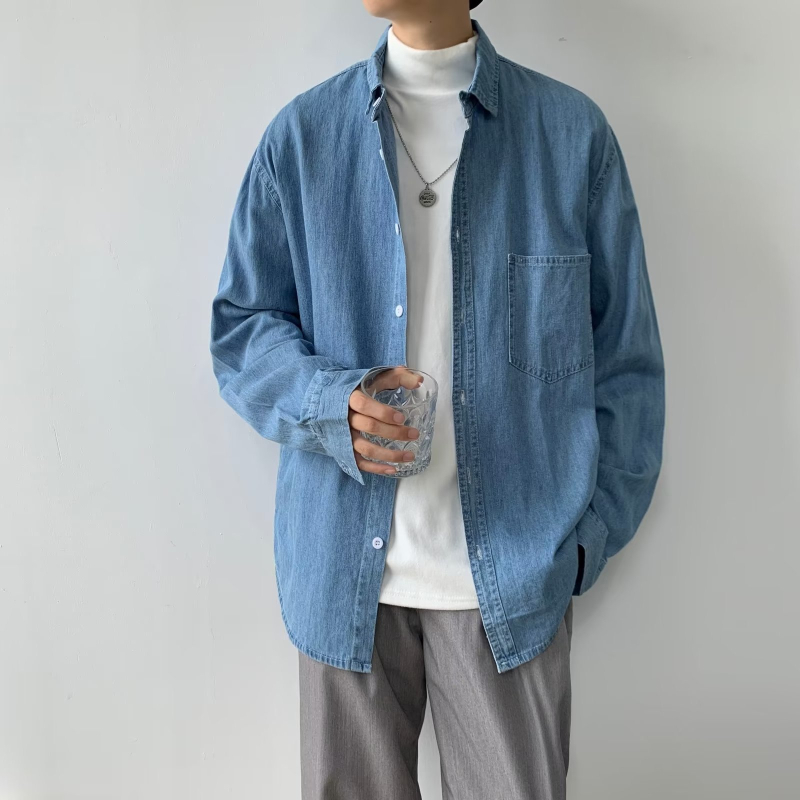 Muška denim košulja u japanskom stilu, s dugim rukavima, ležernog kroja, jednobojna, lagana za jesen