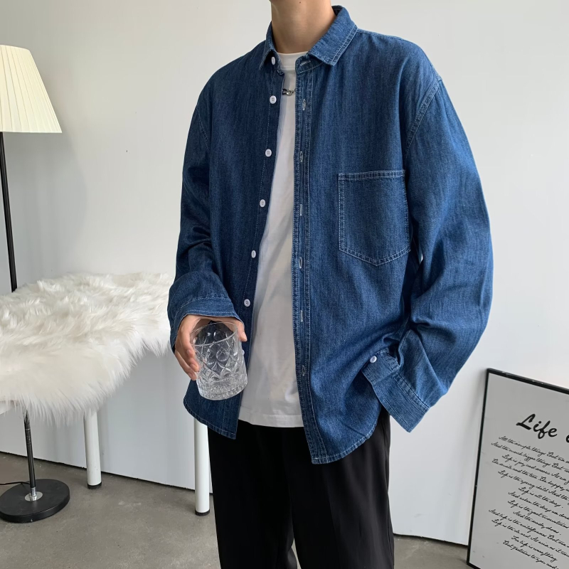 Muška denim košulja u japanskom stilu, s dugim rukavima, ležernog kroja, jednobojna, lagana za jesen