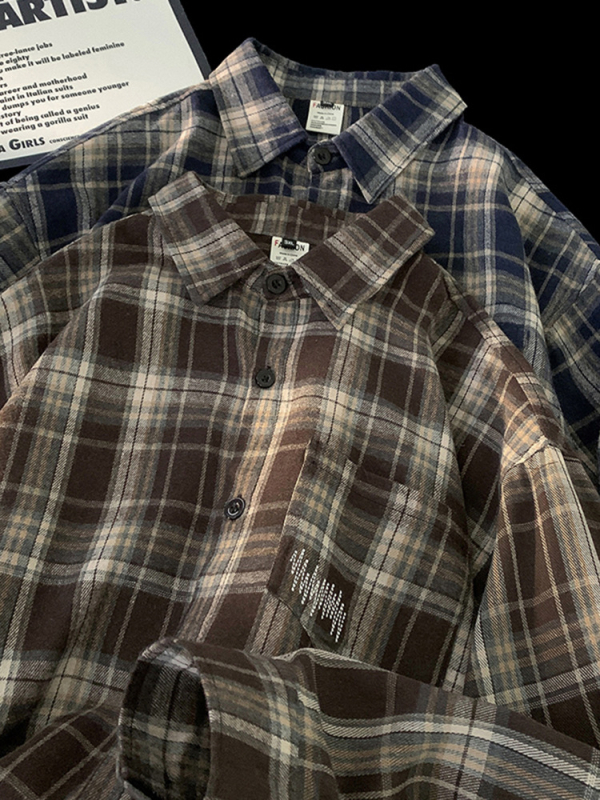 Férfi kockás ing amerikai hangulatú, tavaszi divat, retro szabás, hosszú ujjú, mindennapi streetwear