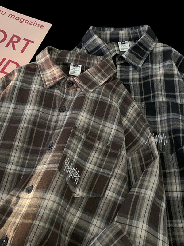 Férfi kockás ing amerikai hangulatú, tavaszi divat, retro szabás, hosszú ujjú, mindennapi streetwear