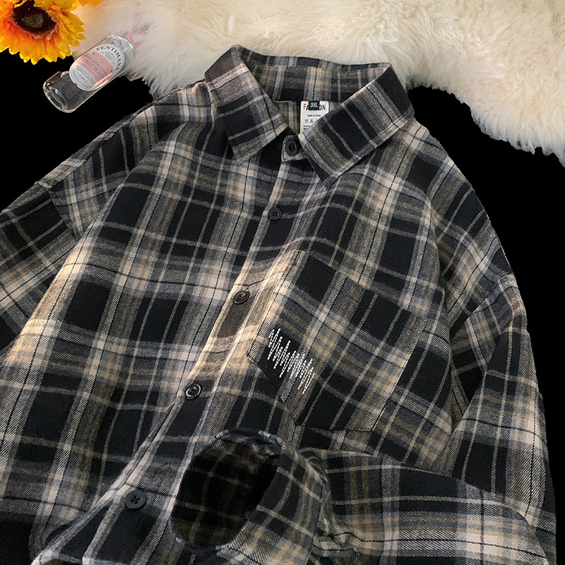 Férfi kockás ing amerikai hangulatú, tavaszi divat, retro szabás, hosszú ujjú, mindennapi streetwear
