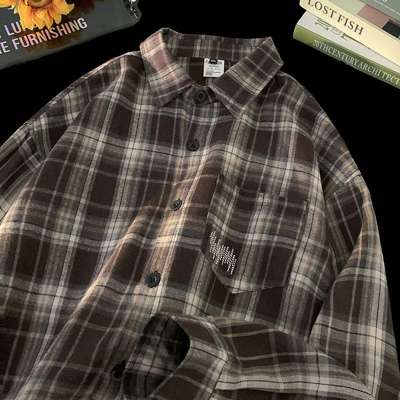 Férfi kockás ing amerikai hangulatú, tavaszi divat, retro szabás, hosszú ujjú, mindennapi streetwear