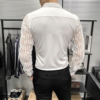 Muška košulja s dugim rukavima, korejskog stila, jednobojna, čipkasti umetak, slim fit, proljeće 2024