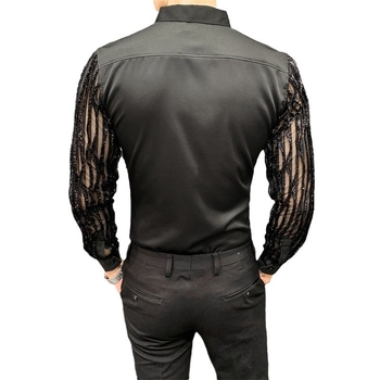 Muška košulja s dugim rukavima, korejskog stila, jednobojna, čipkasti umetak, slim fit, proljeće 2024